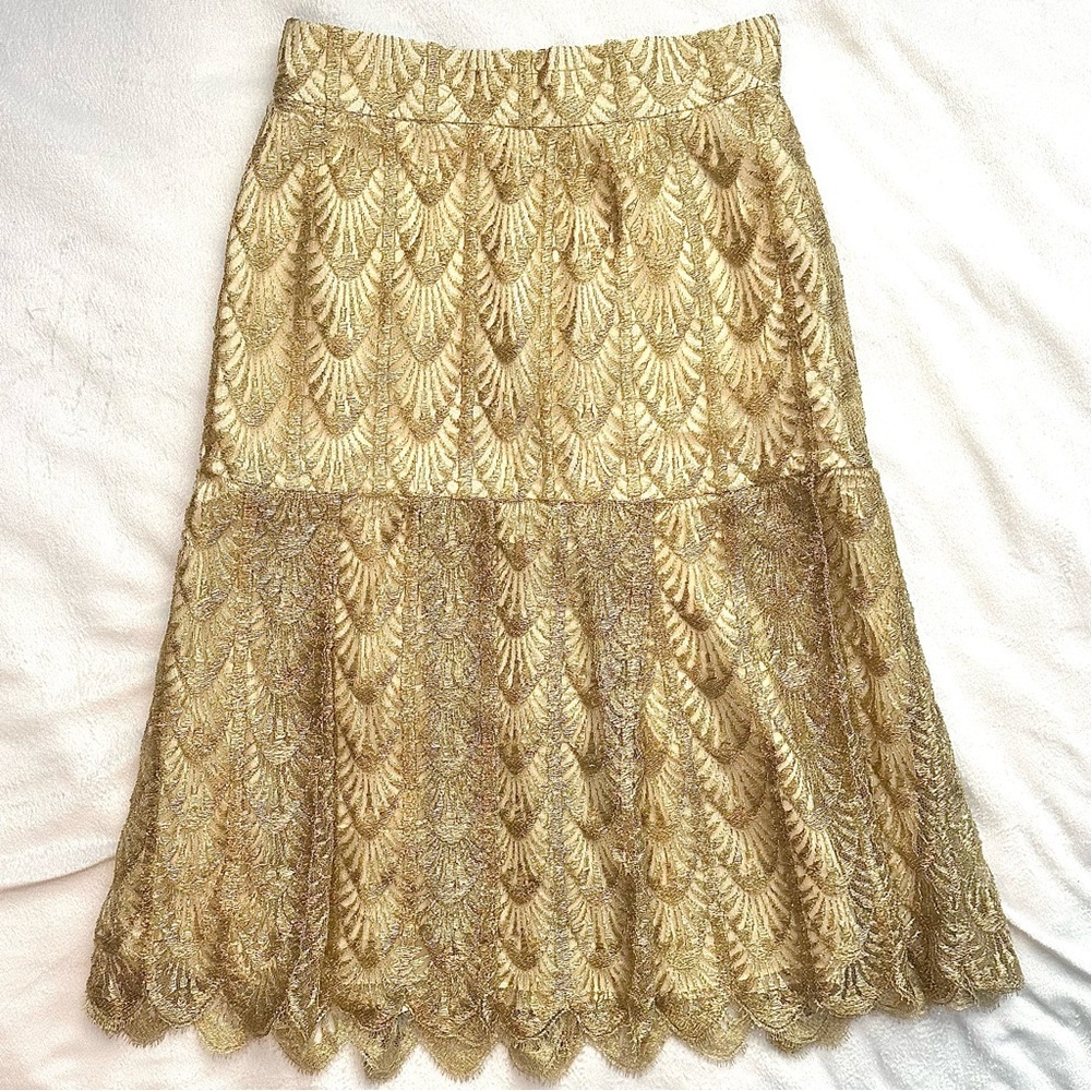 Vintage Lisa Maghazeh Gold Lace Gatsby Flare Midi Skirt 24” XS lined art deco